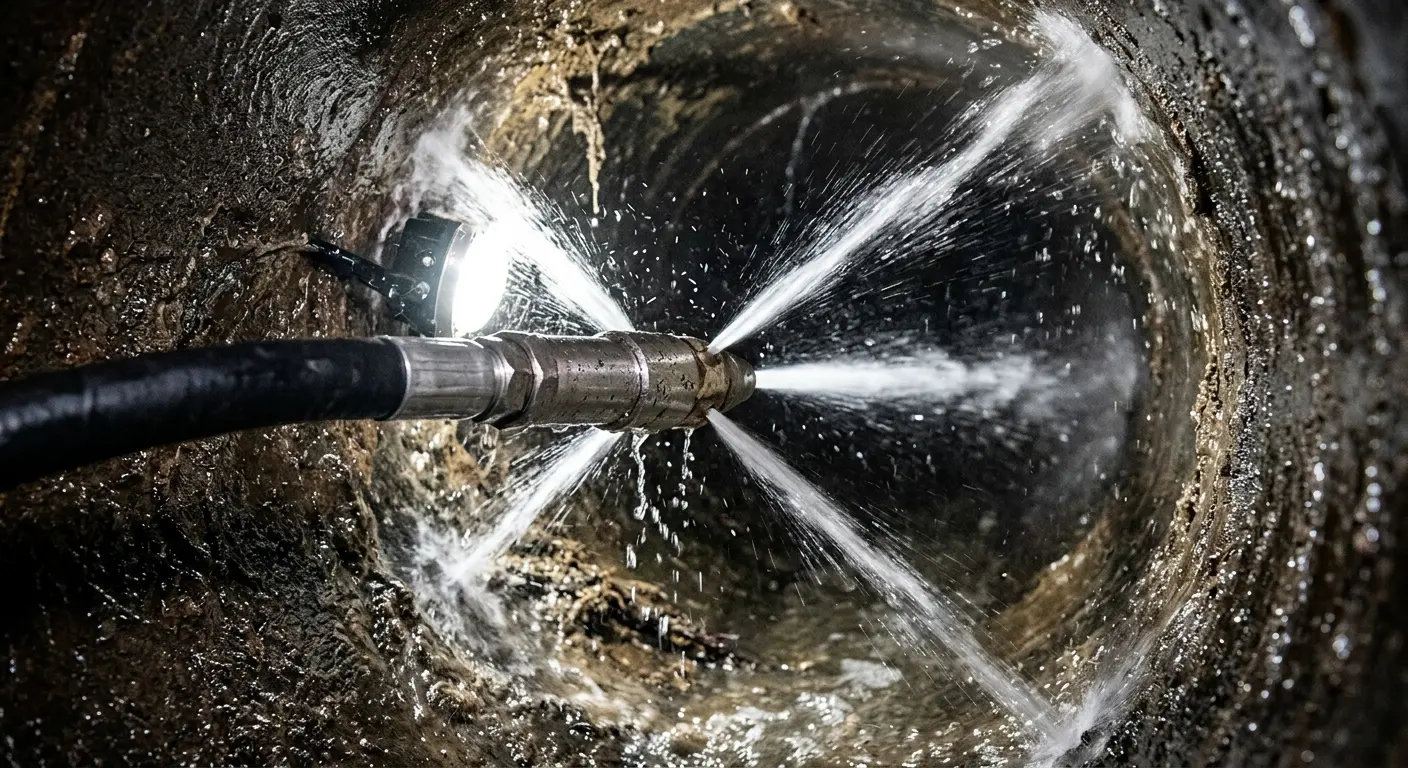 High-pressure hydro jetting nozzle cleaning sewer pipe for Sewer Line Relining in San Juan Capistrano
