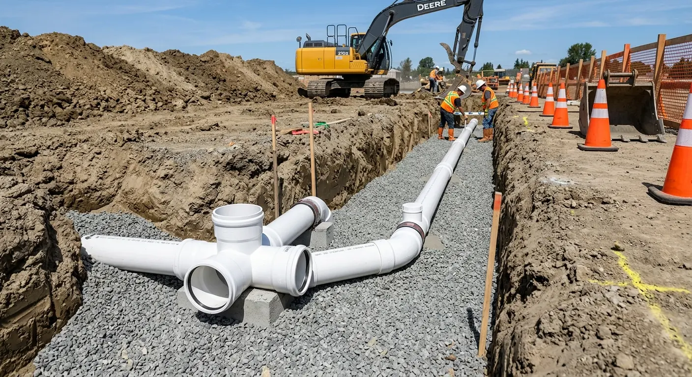 New PVC sewer pipe installation in open trench for Sewer Backup in San Juan Capistrano